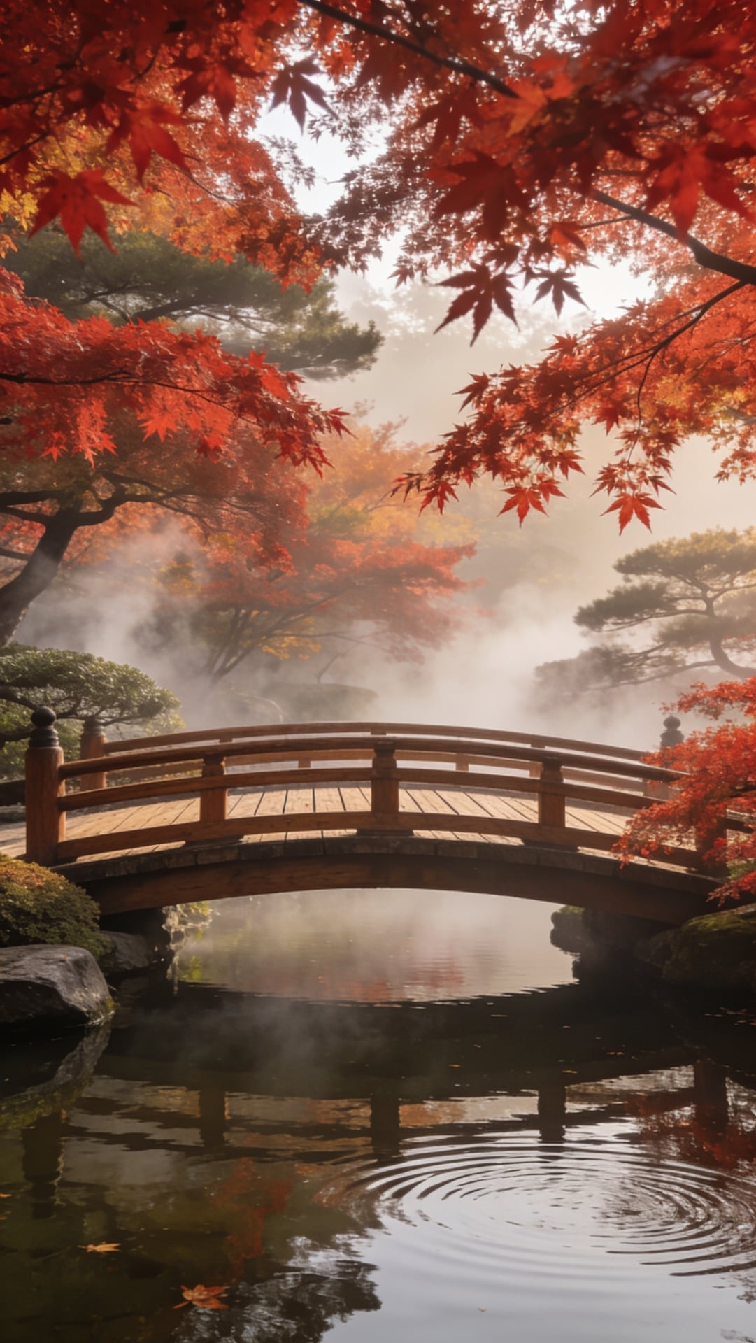 Japanese garden in autumn, red maple trees, a wooden bridge over a calm pond, soft morning mist