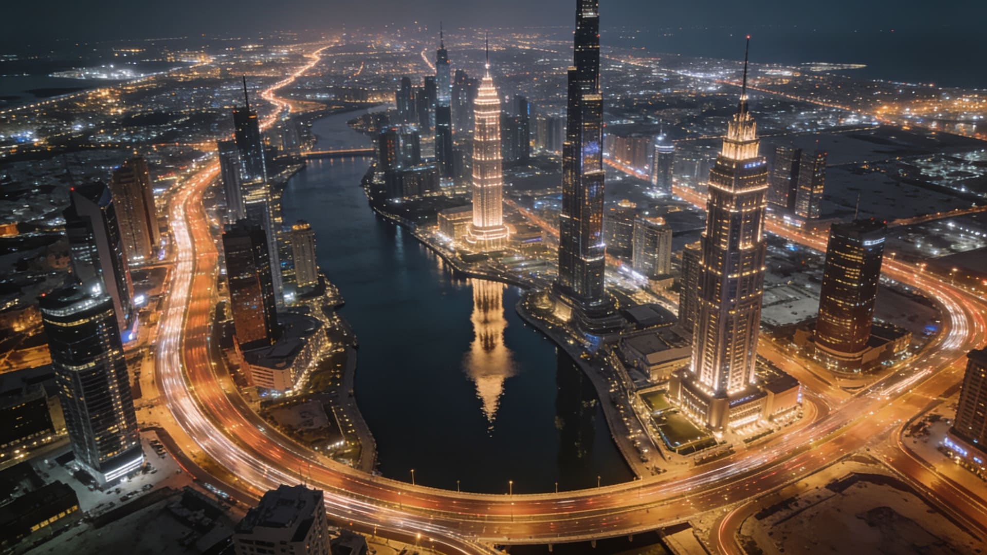 Aerial view of a glittering city at night, light trails on the highways, a river reflecting the towers