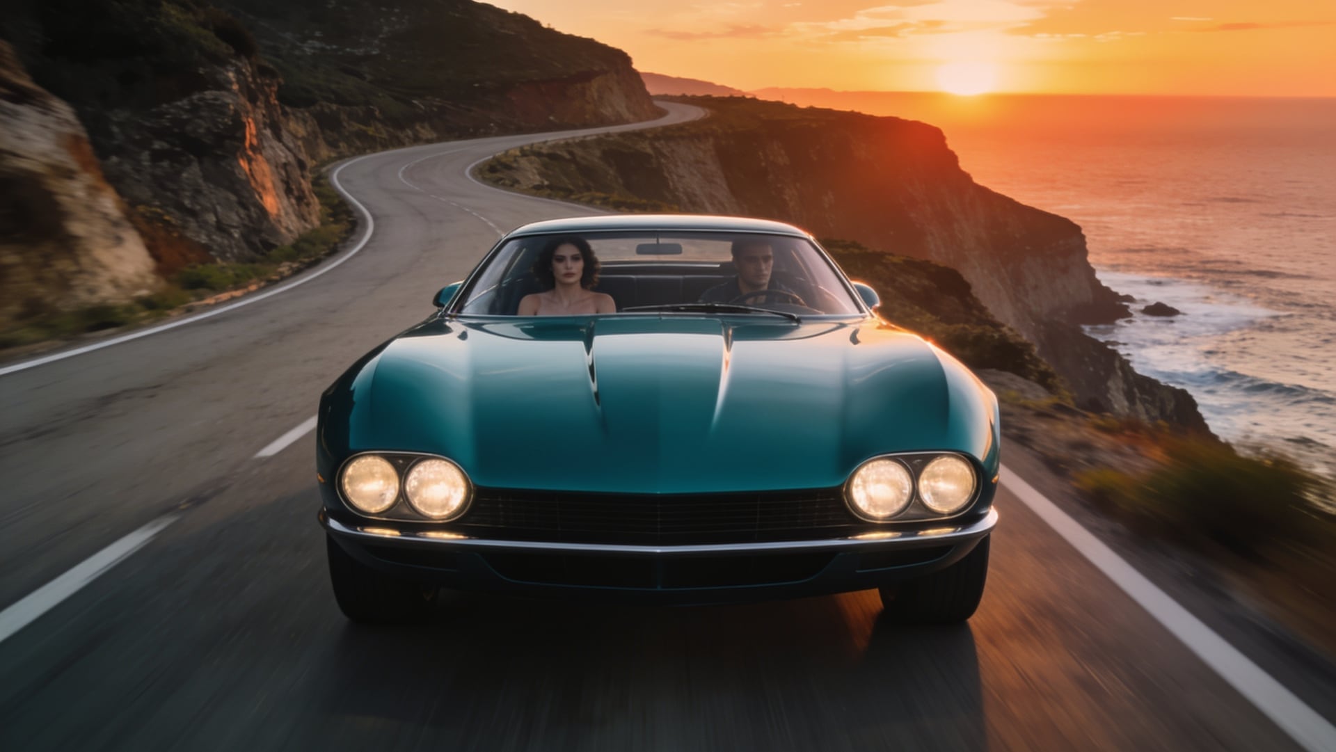 Retro-futuristic teal grand touring car on a winding coastal cliff road at sunset, cinematic motion blur
