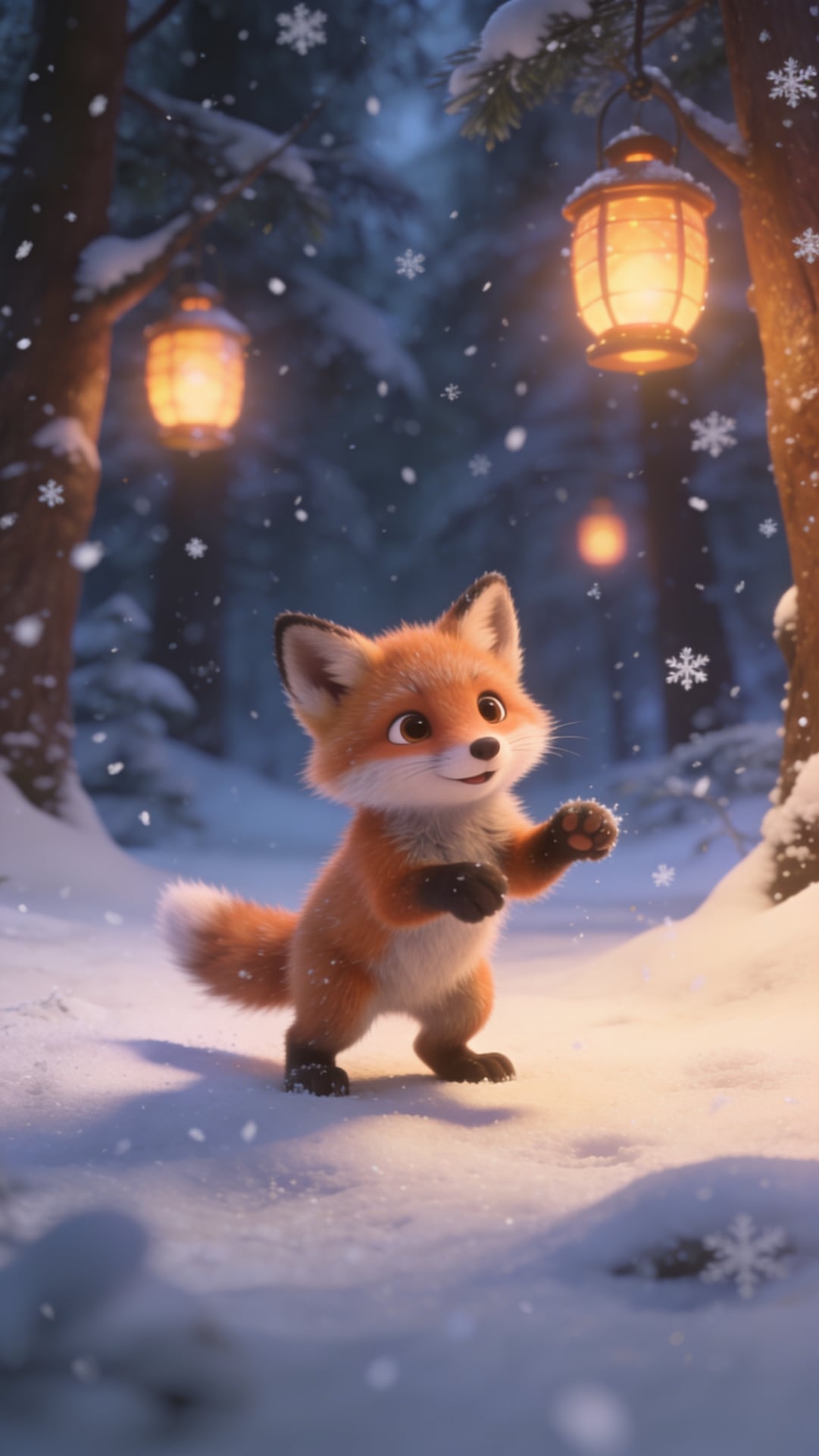 Cute 3D fox cub playing in a snowy forest, glowing lanterns in the trees, cosy and magical
