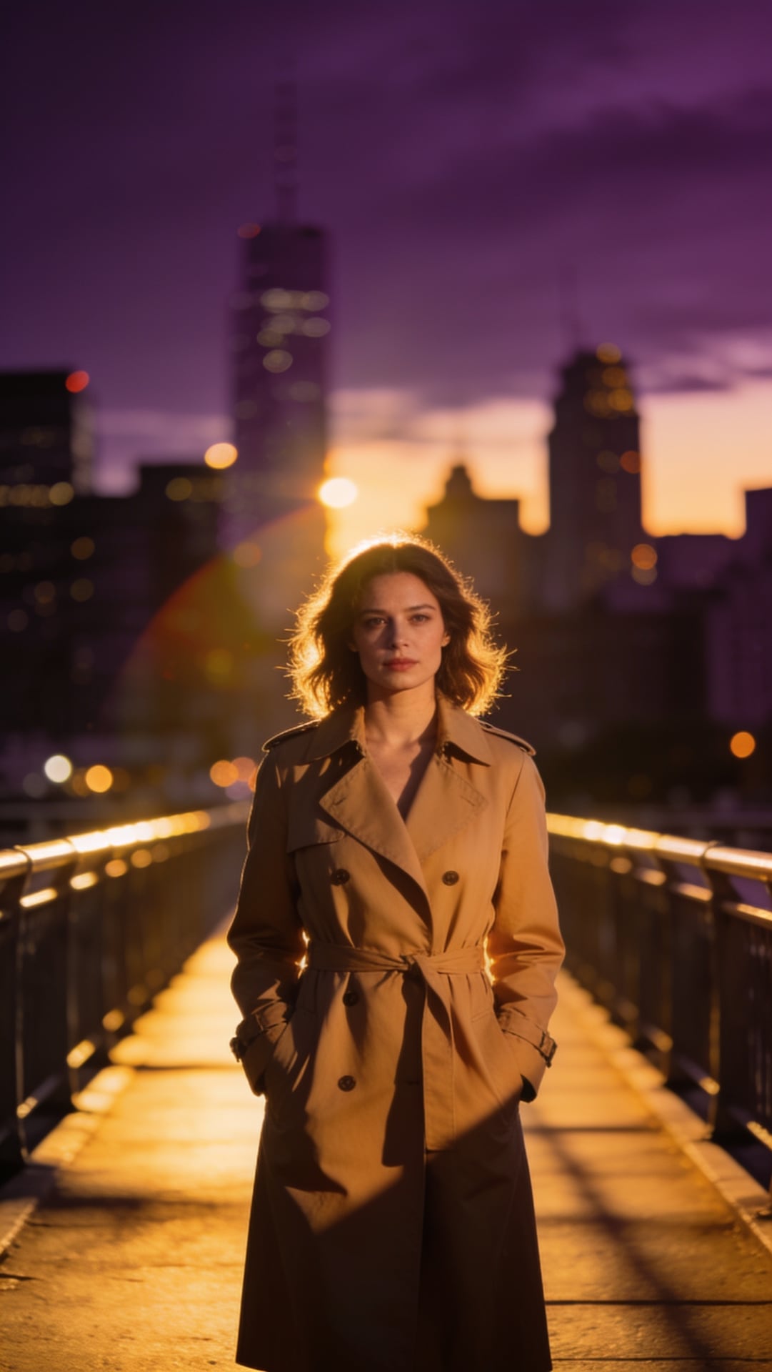 Woman in a camel trench coat on a city bridge at golden hour, skyline bokeh, anamorphic flare, film look