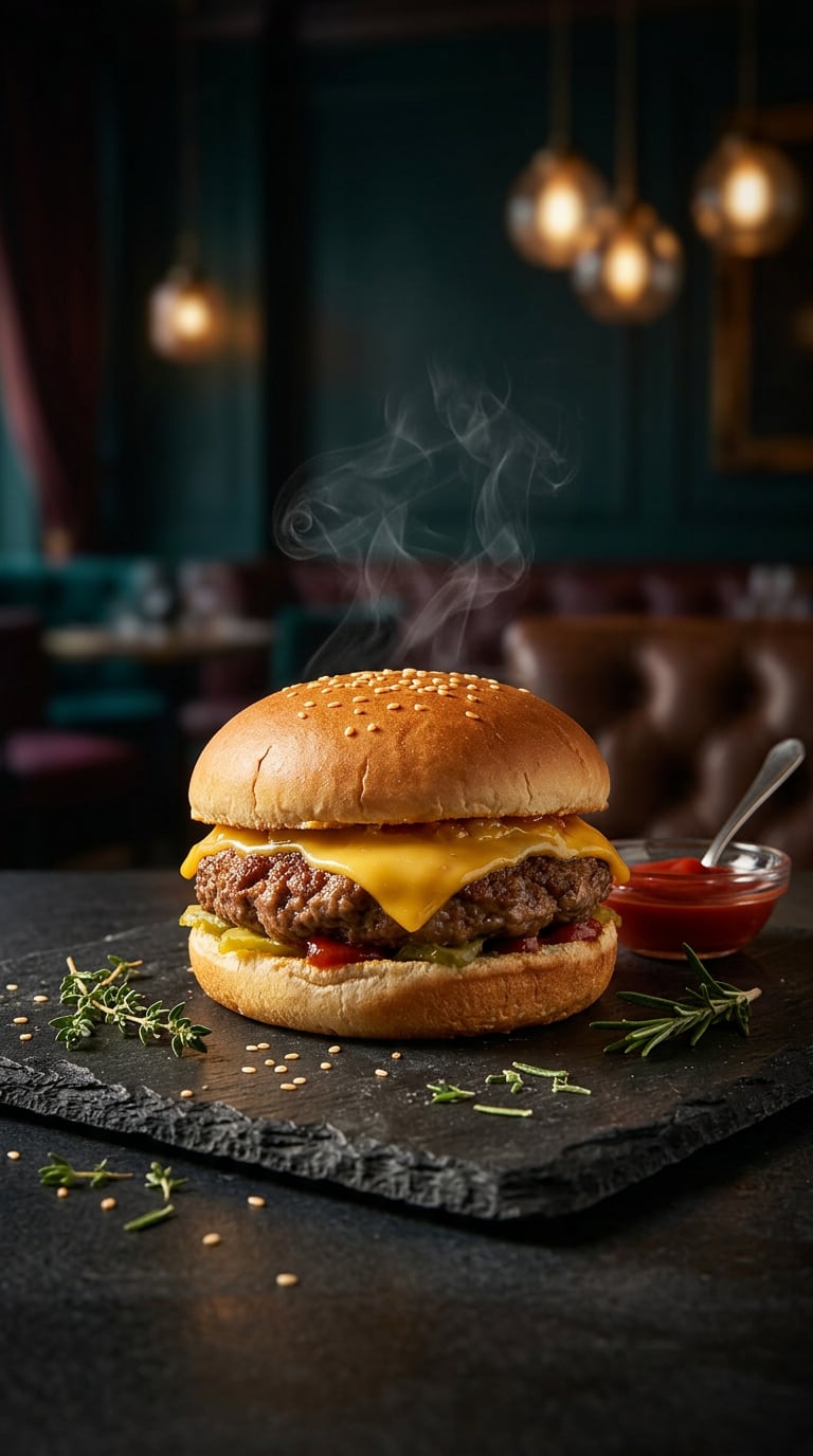 Cheeseburger on a dark slate board, melted cheese glistening, fresh herbs, warm side light, wisps of steam, food ad