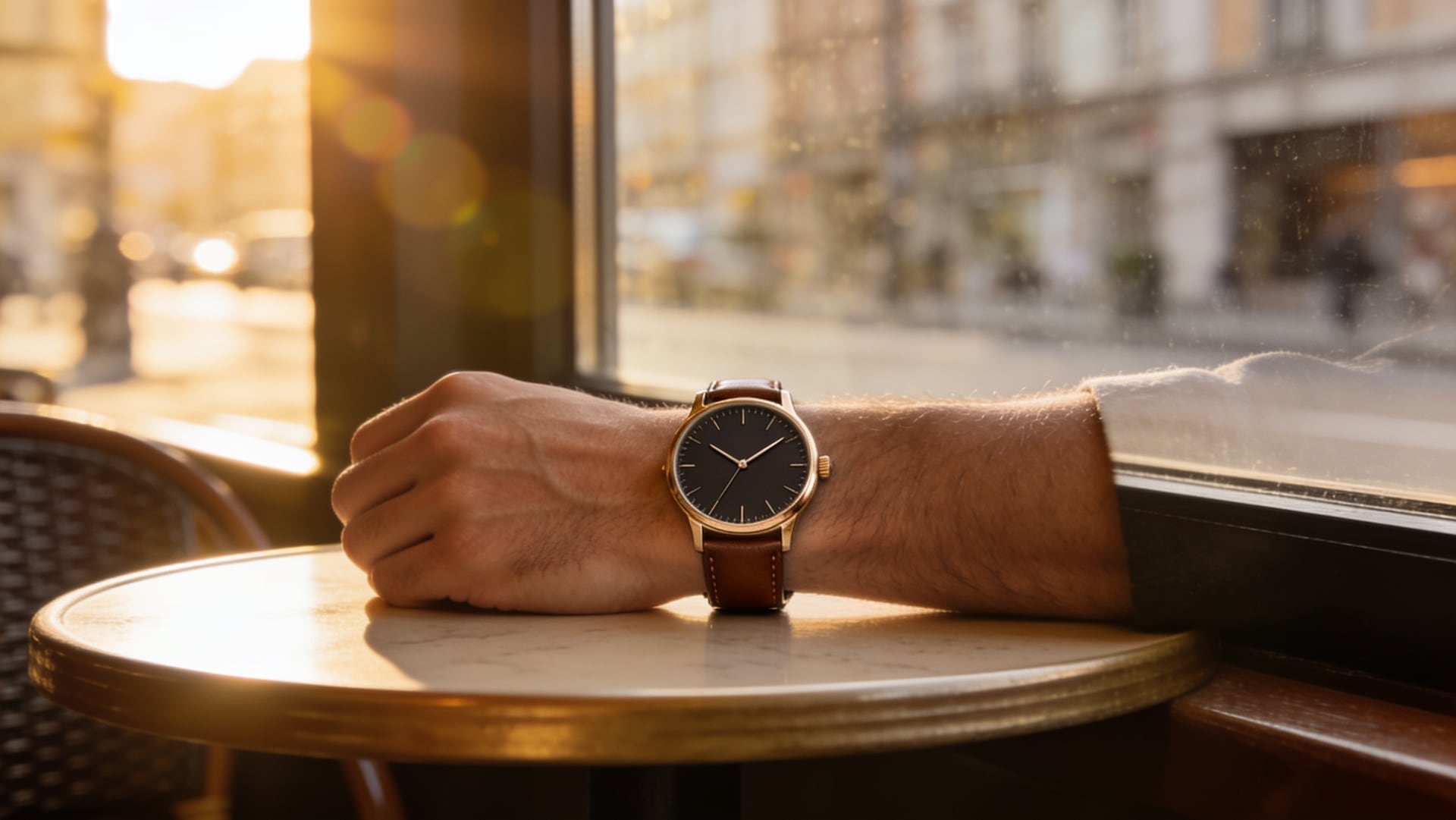 Minimalist gold watch with a dark dial on a man's wrist on a café table by the window, golden hour sun flare