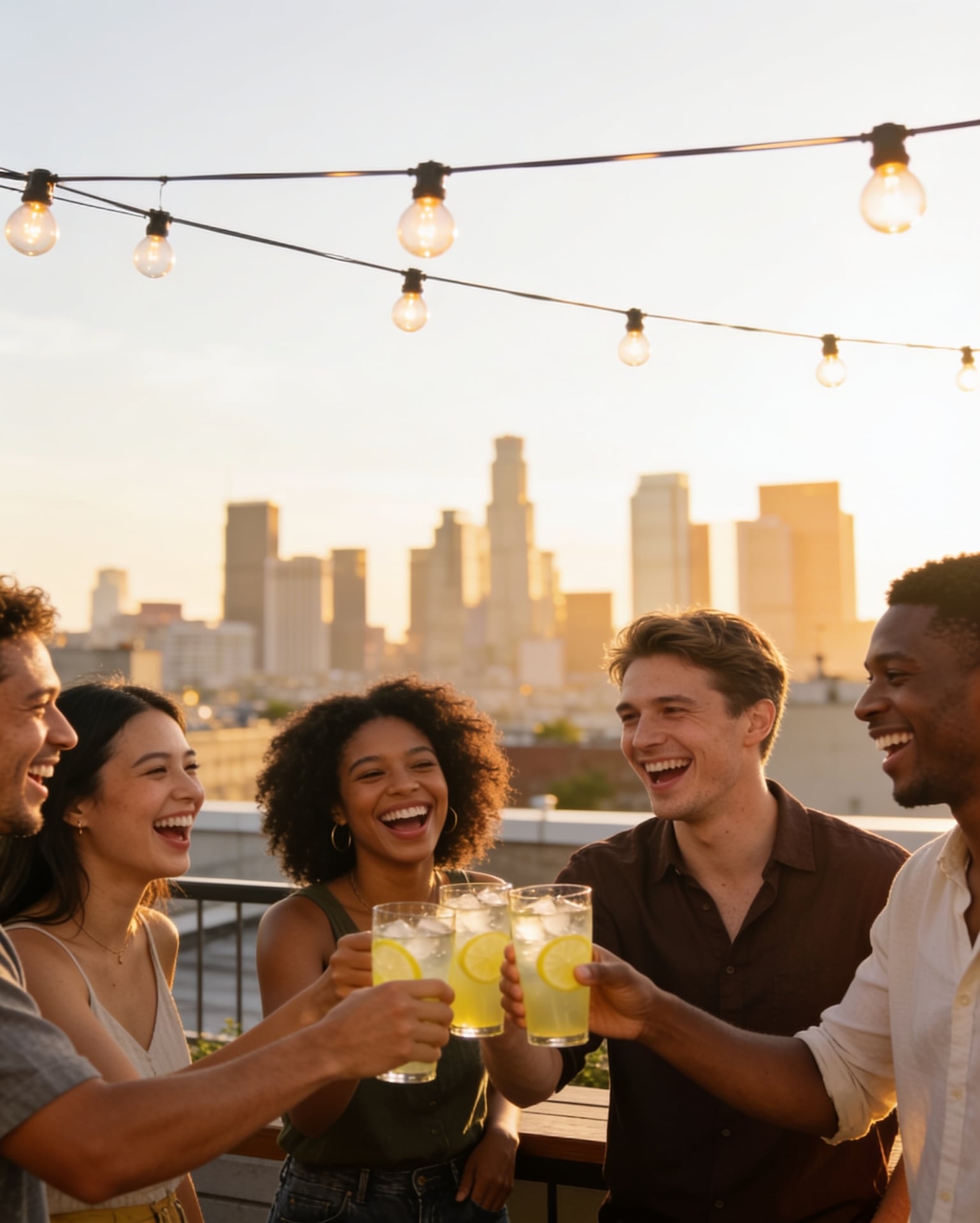 Friends laughing on a rooftop terrace at golden hour, clinking glasses of iced lemonade, string lights, city skyline