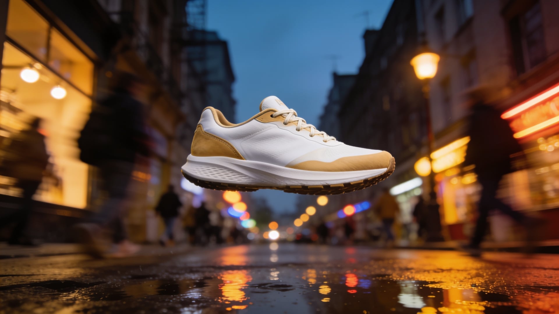 White and sand running sneaker floating above a wet city street at dusk, warm shop lights reflected in puddles