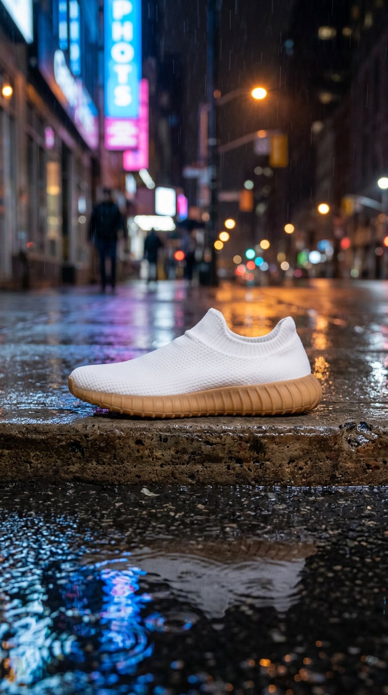 Sneaker on a small concrete ledge on a wet city street at night, neon reflections in puddles, light rain, vertical ad