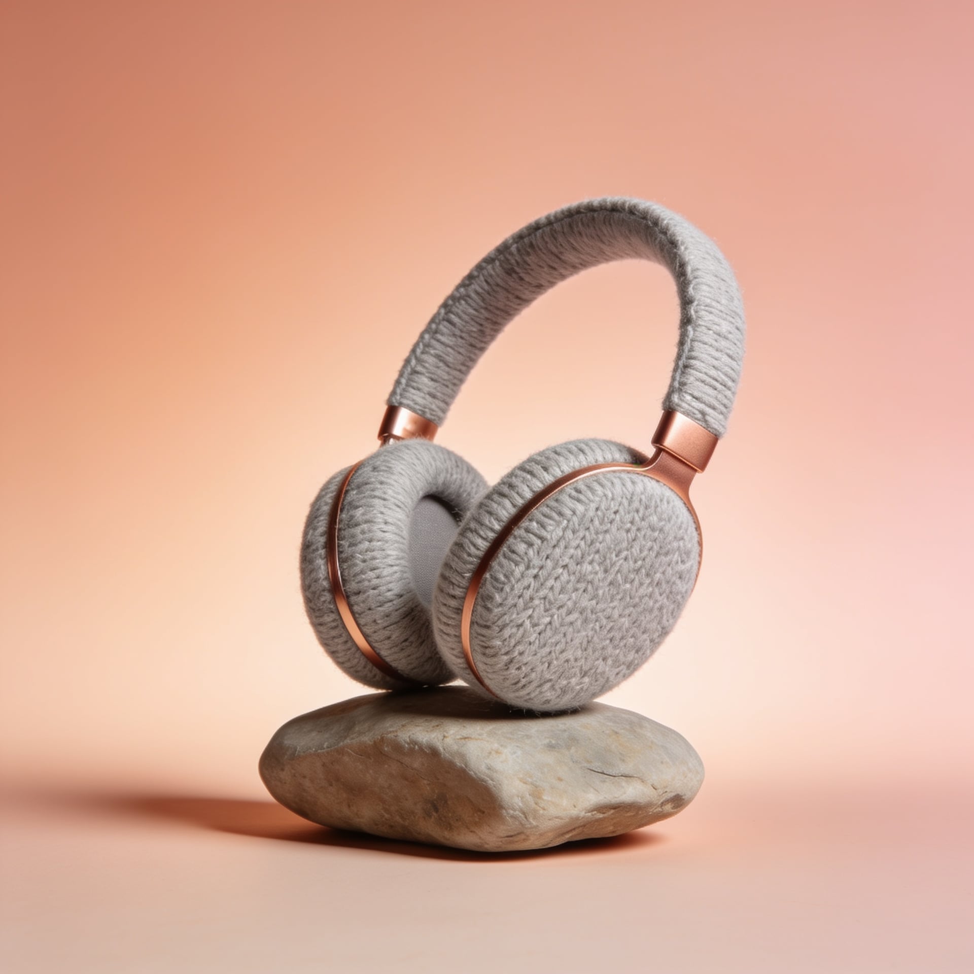 Wireless headphones in light grey knit with a copper band, resting on a smooth stone, soft peach background, tech ad