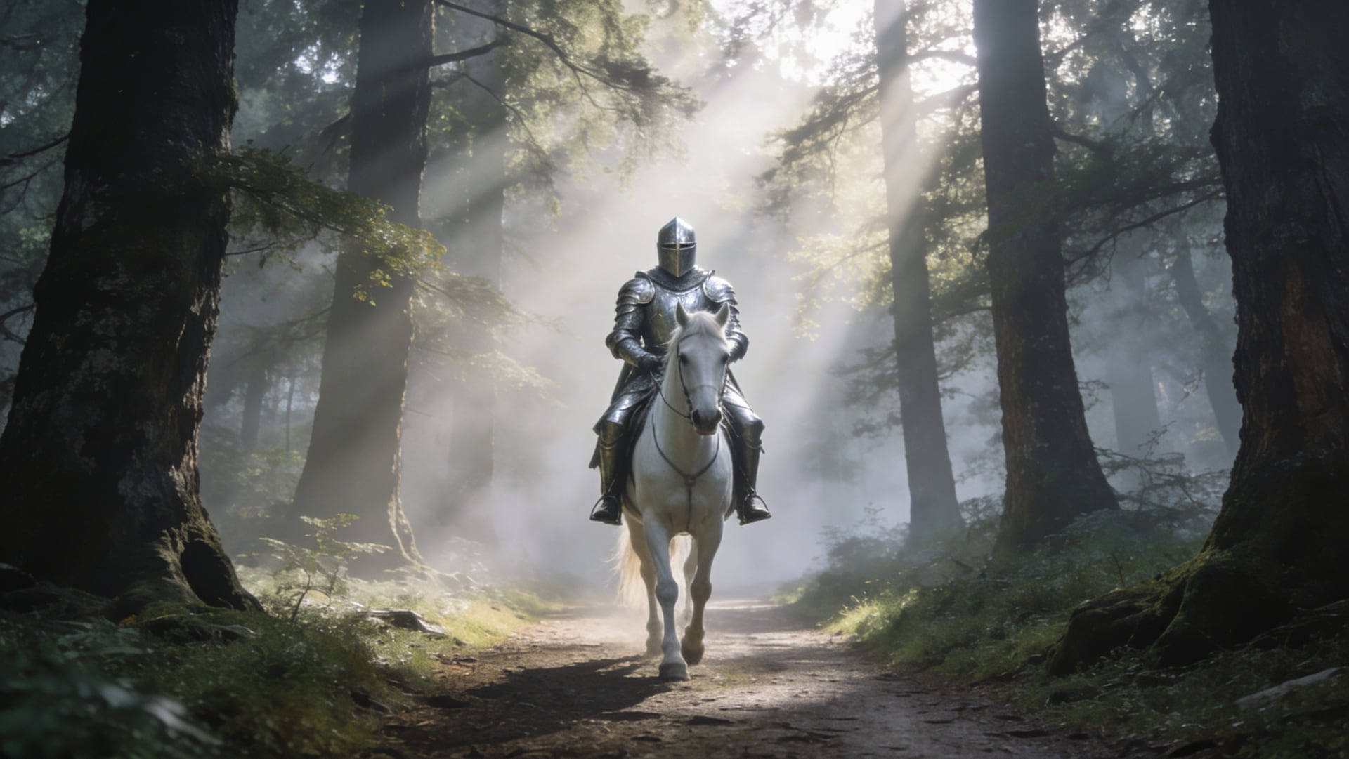 Knight in silver armour riding a white horse through a misty ancient forest, rays of light, epic wide shot