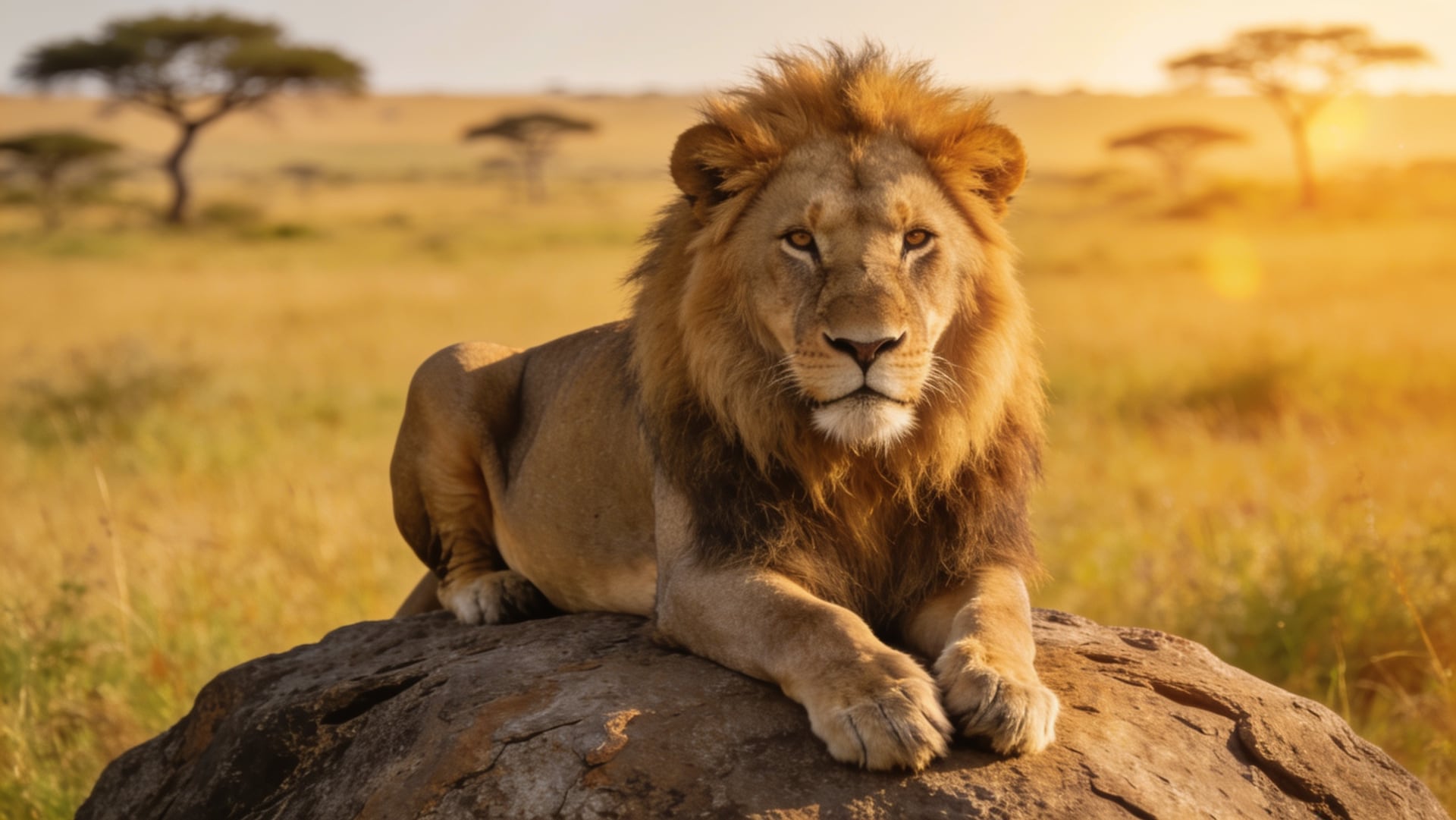 Majestic male lion resting on a rock on the savanna at golden hour, wildlife photography