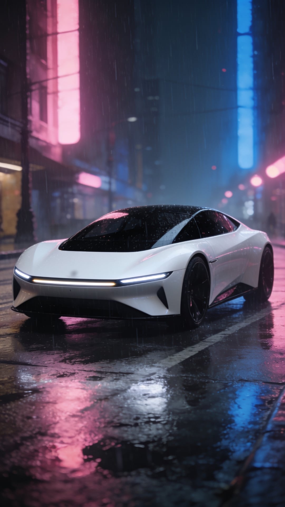 Pearl-white futuristic concept car on a rainy city street at night, pink and blue lights reflecting on the wet road