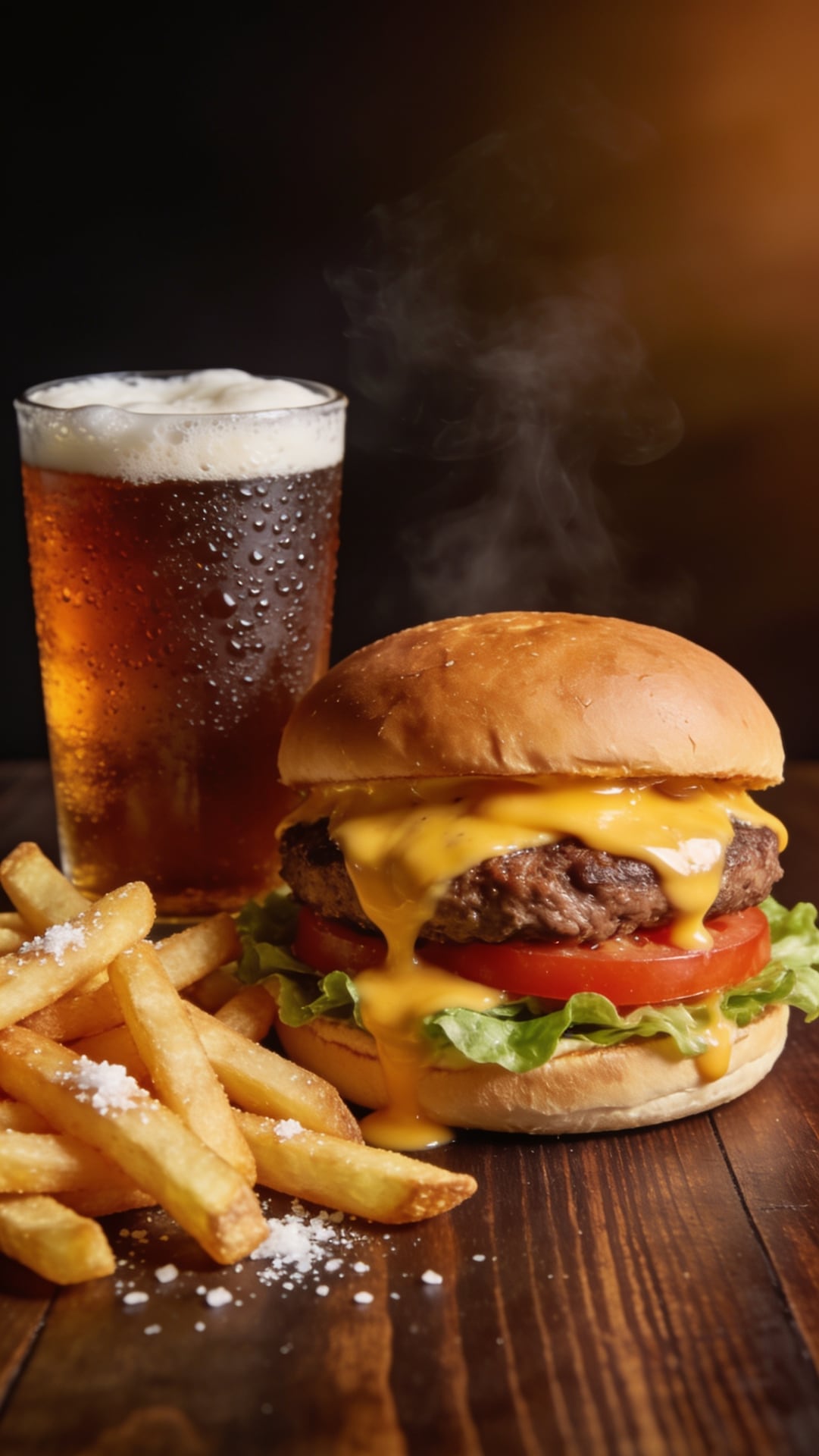 Gourmet cheeseburger with melting cheese, crispy fries and a cold drink on a dark wooden table, steam rising, food ad