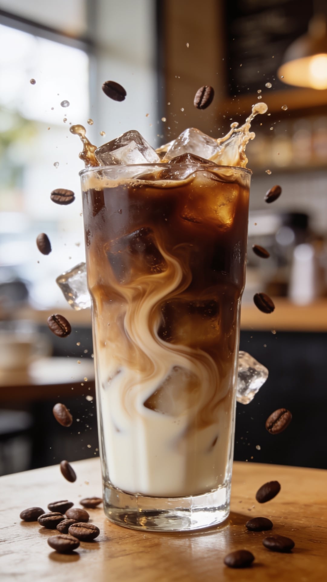 Tall glass of iced coffee with milk swirling, ice cubes splashing and coffee beans flying, drink ad