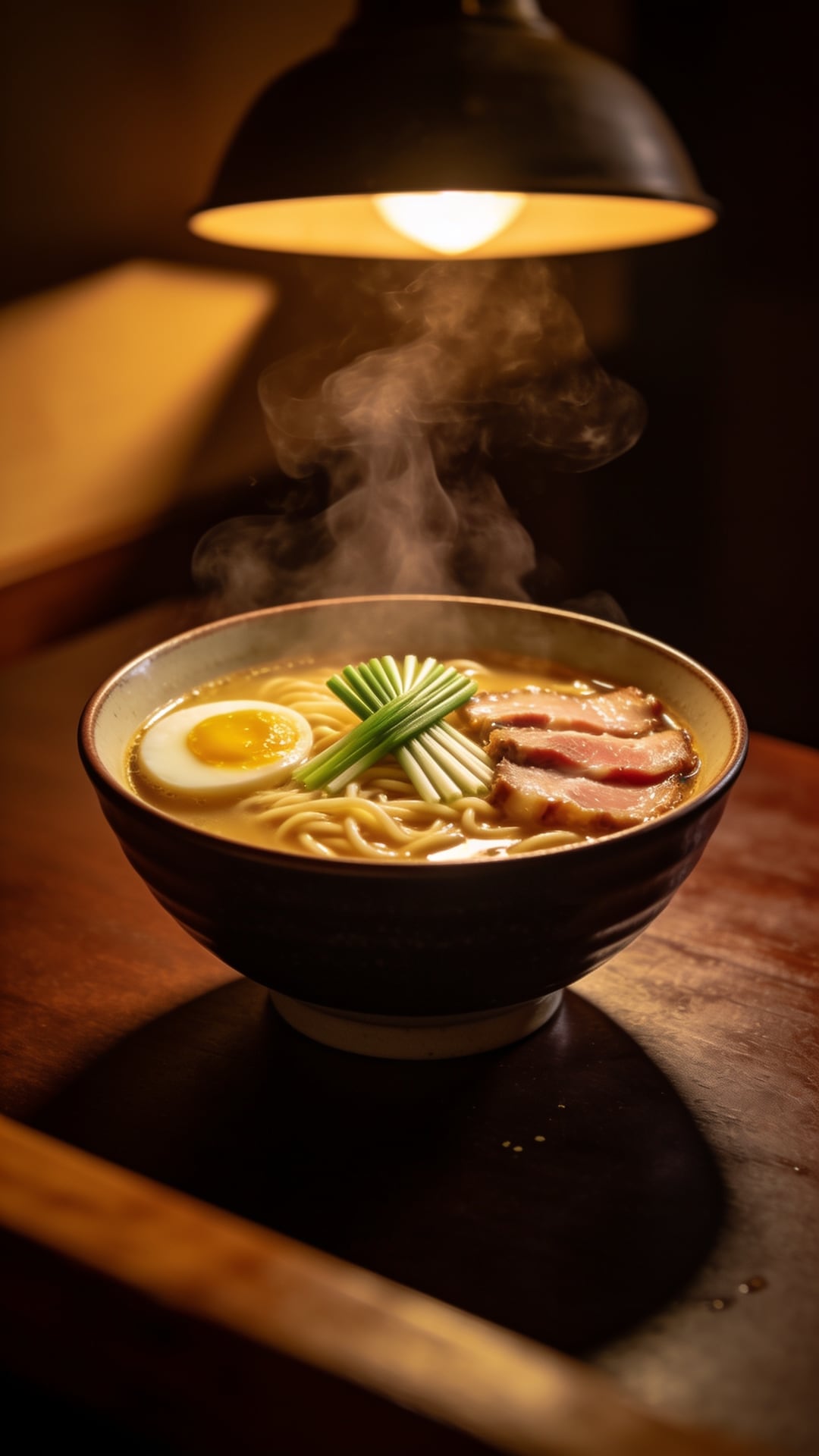 A steaming bowl of ramen with a soft-boiled egg, scallions and chashu, on a dark wooden table, warm restaurant light