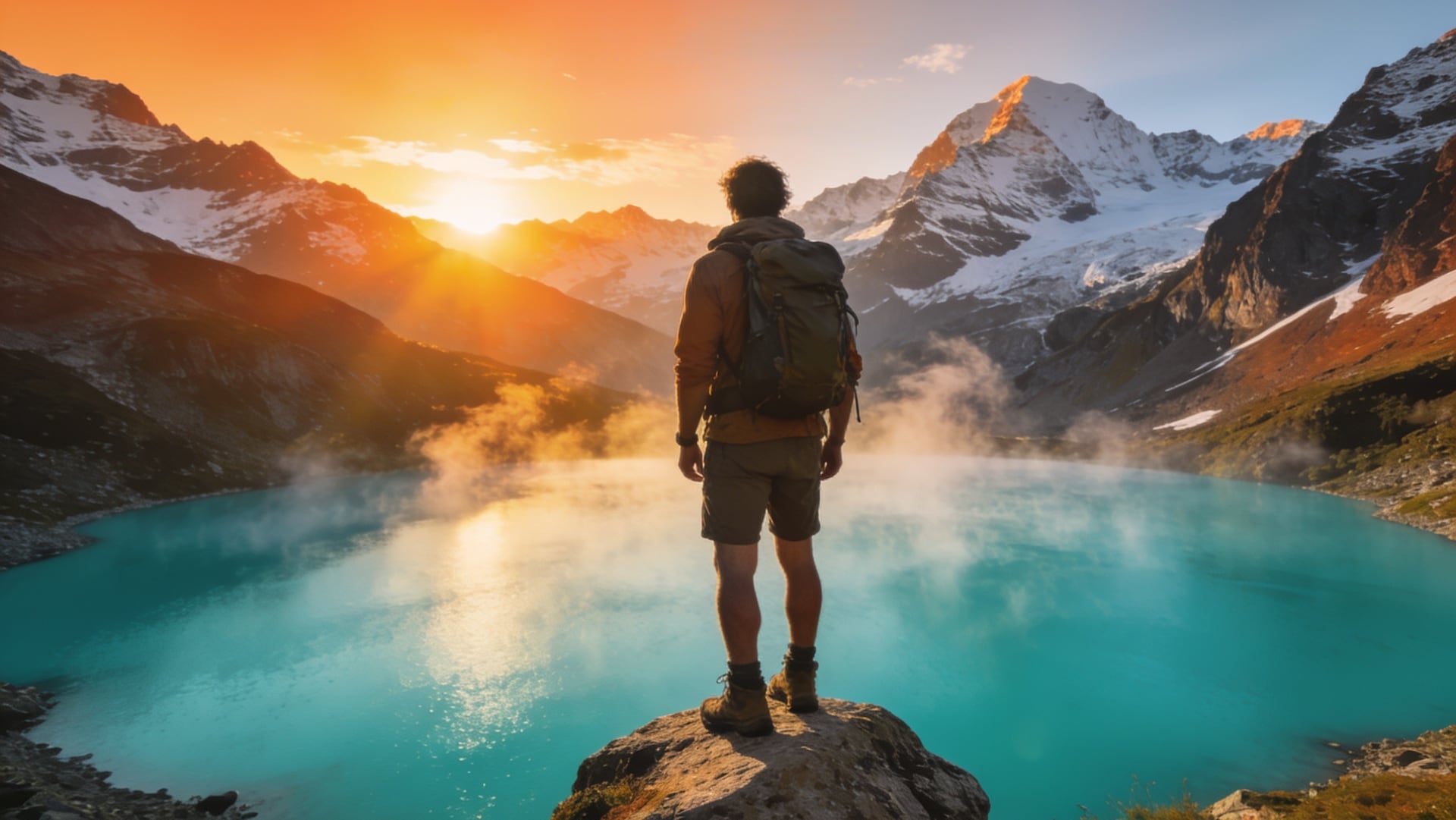 Hiker on a rock above a turquoise alpine lake at sunrise, snowy peaks, mist on the water