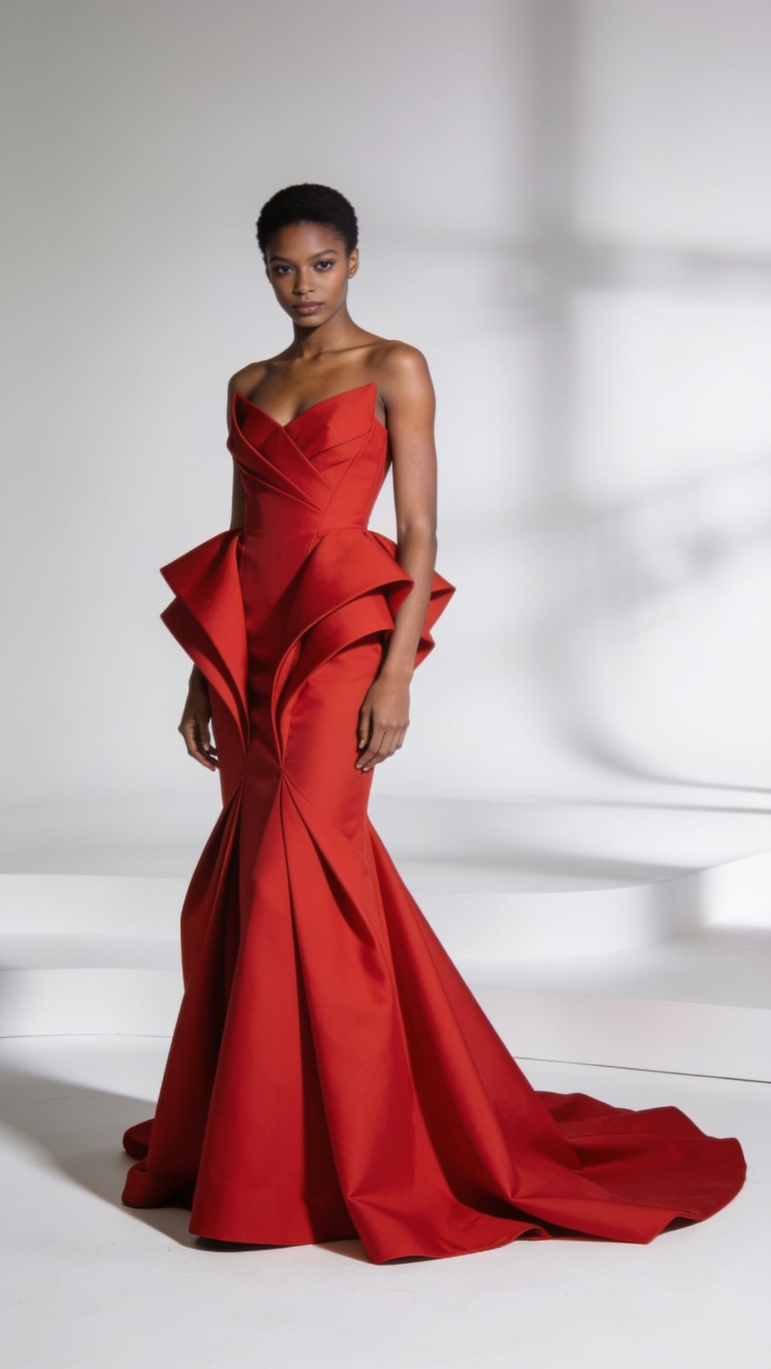 Elegant woman in a dramatic red couture gown on a minimalist white set, high-fashion editorial