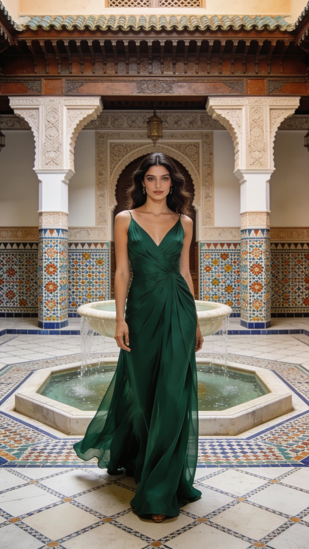 Elegant woman in a flowing emerald gown in a Moroccan riad courtyard with mosaic tiles and a fountain