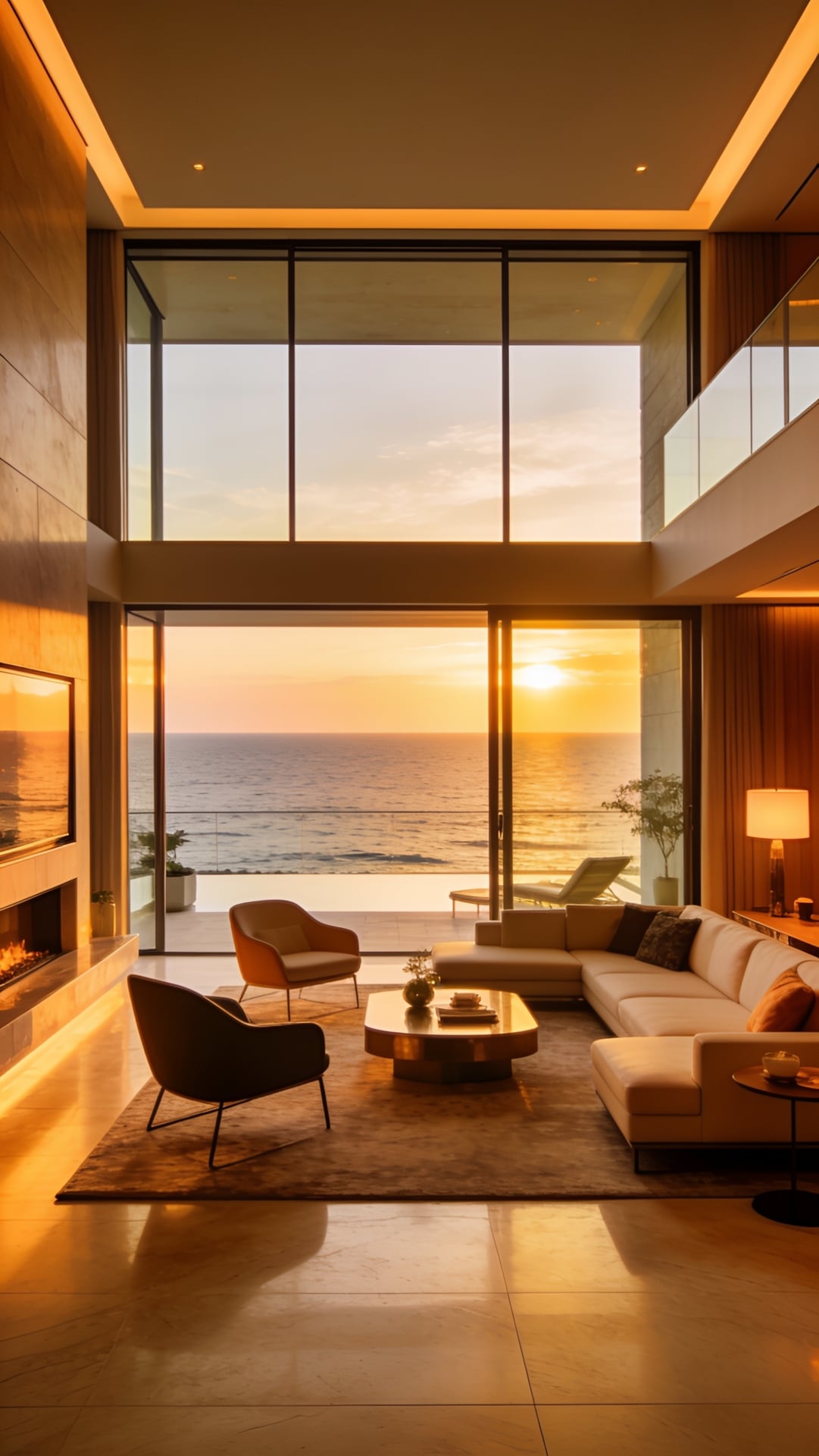 Modern luxury villa living room with floor-to-ceiling windows over the sea at golden hour, designer furniture