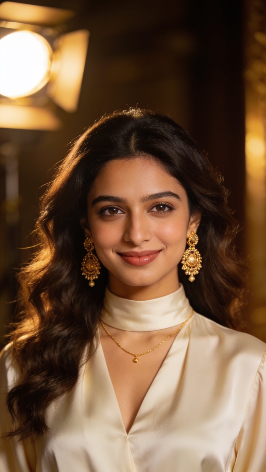 Beauty portrait of an elegant woman wearing statement gold earrings and a fine necklace, warm golden light, jewelry campaign