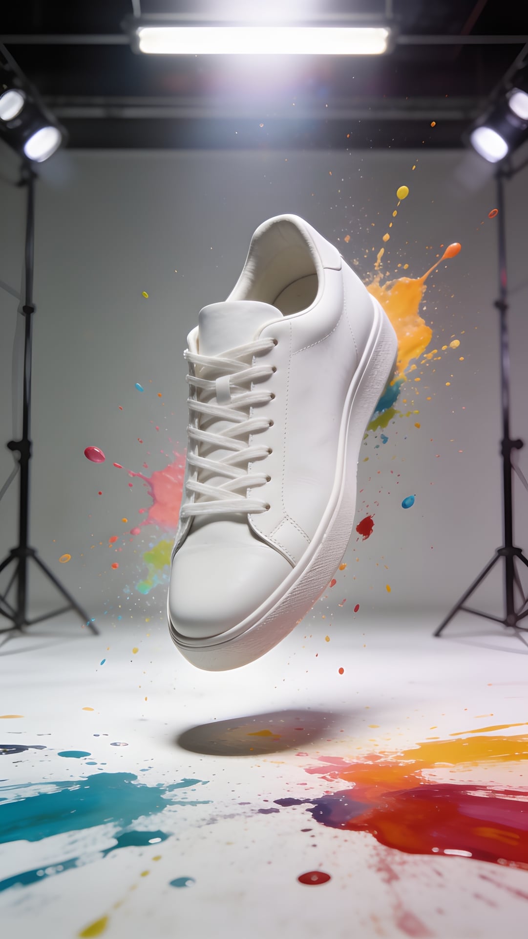 Plain white sneaker frozen mid-air with bright splashes of colourful paint around it, studio sneaker ad