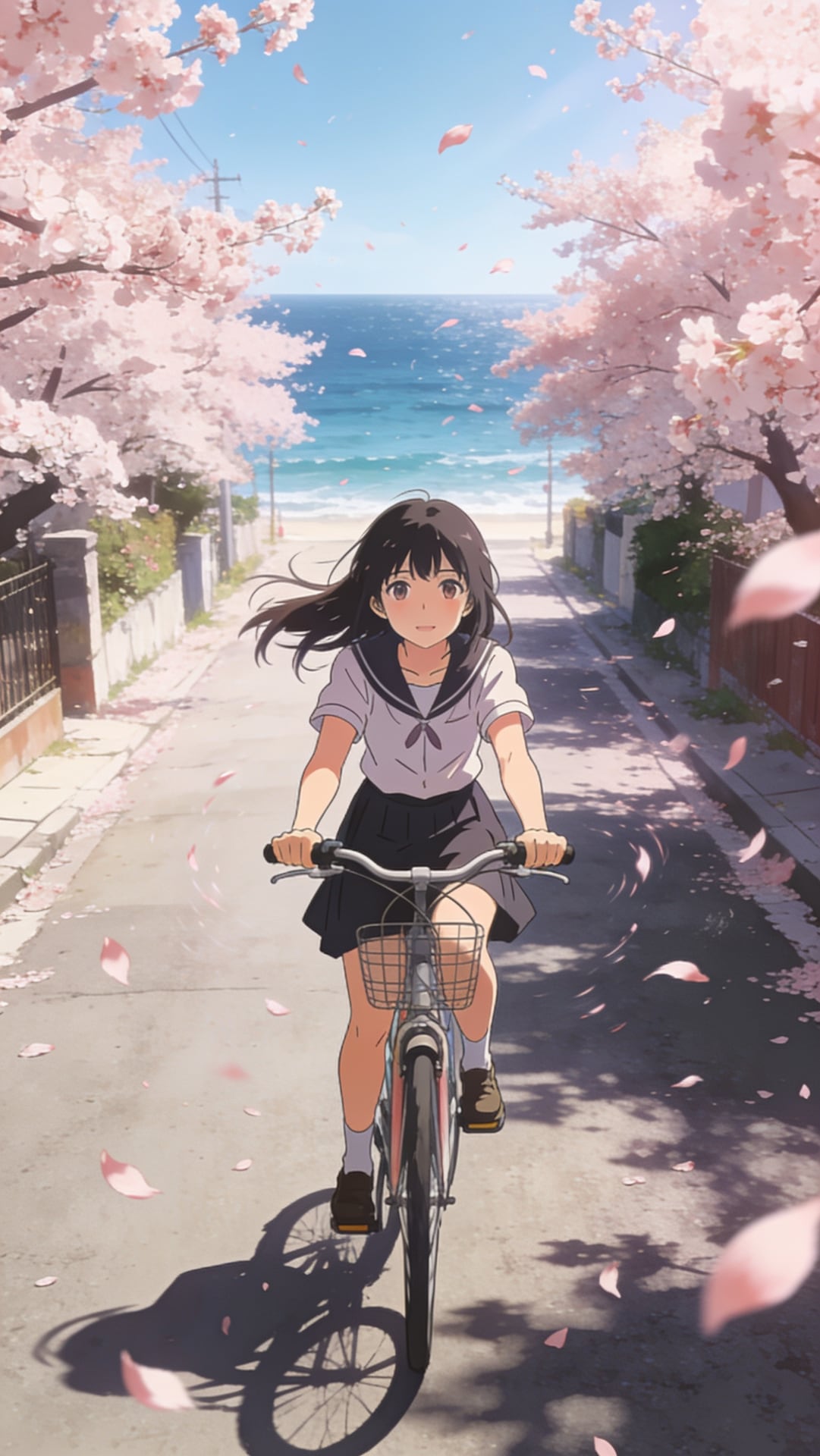 Girl on a bicycle riding down a cherry blossom street toward the sea, petals in the wind, anime