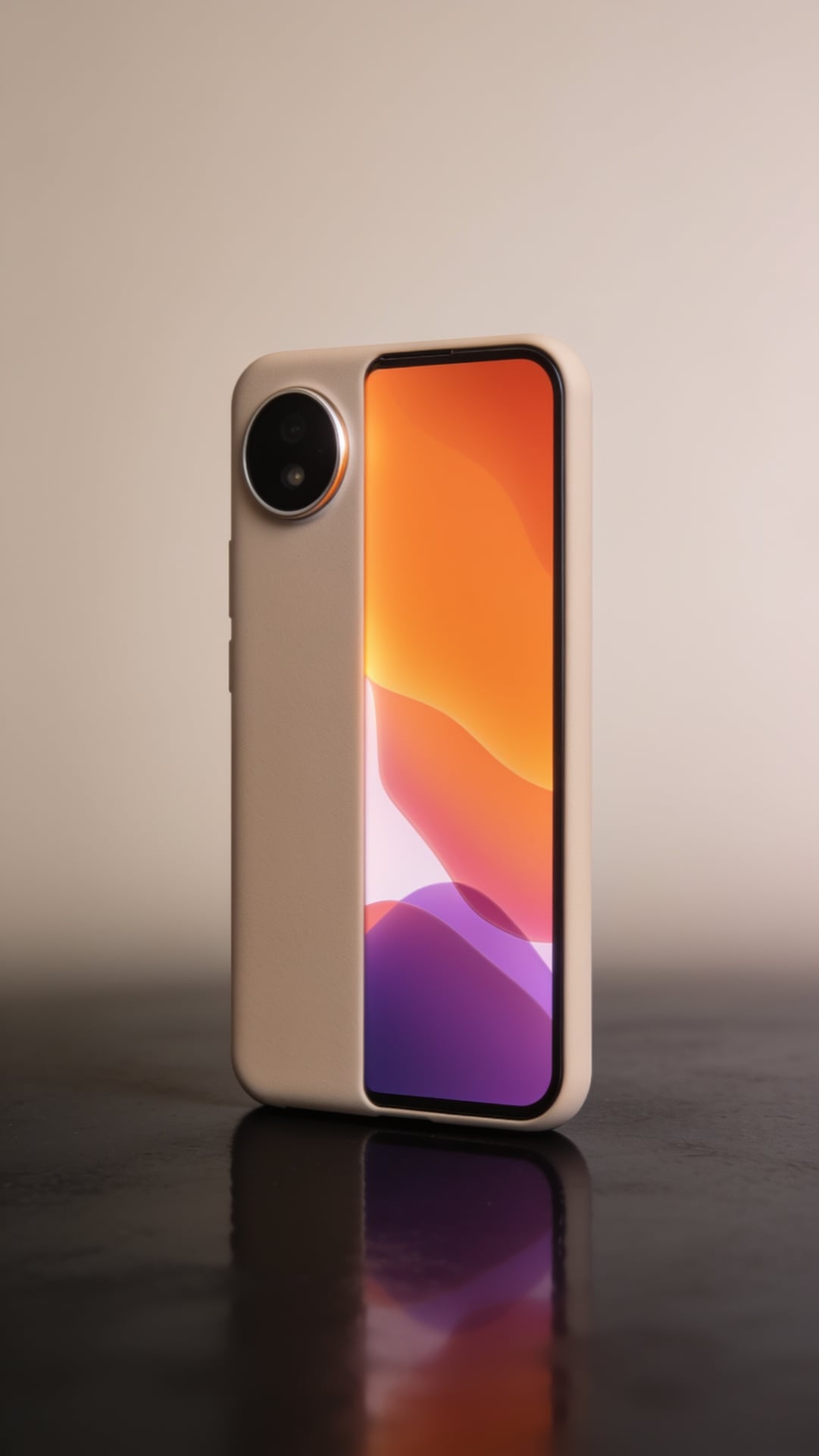 Concept smartphone with a glowing orange and violet screen, standing on a glossy dark surface, clean tech product ad