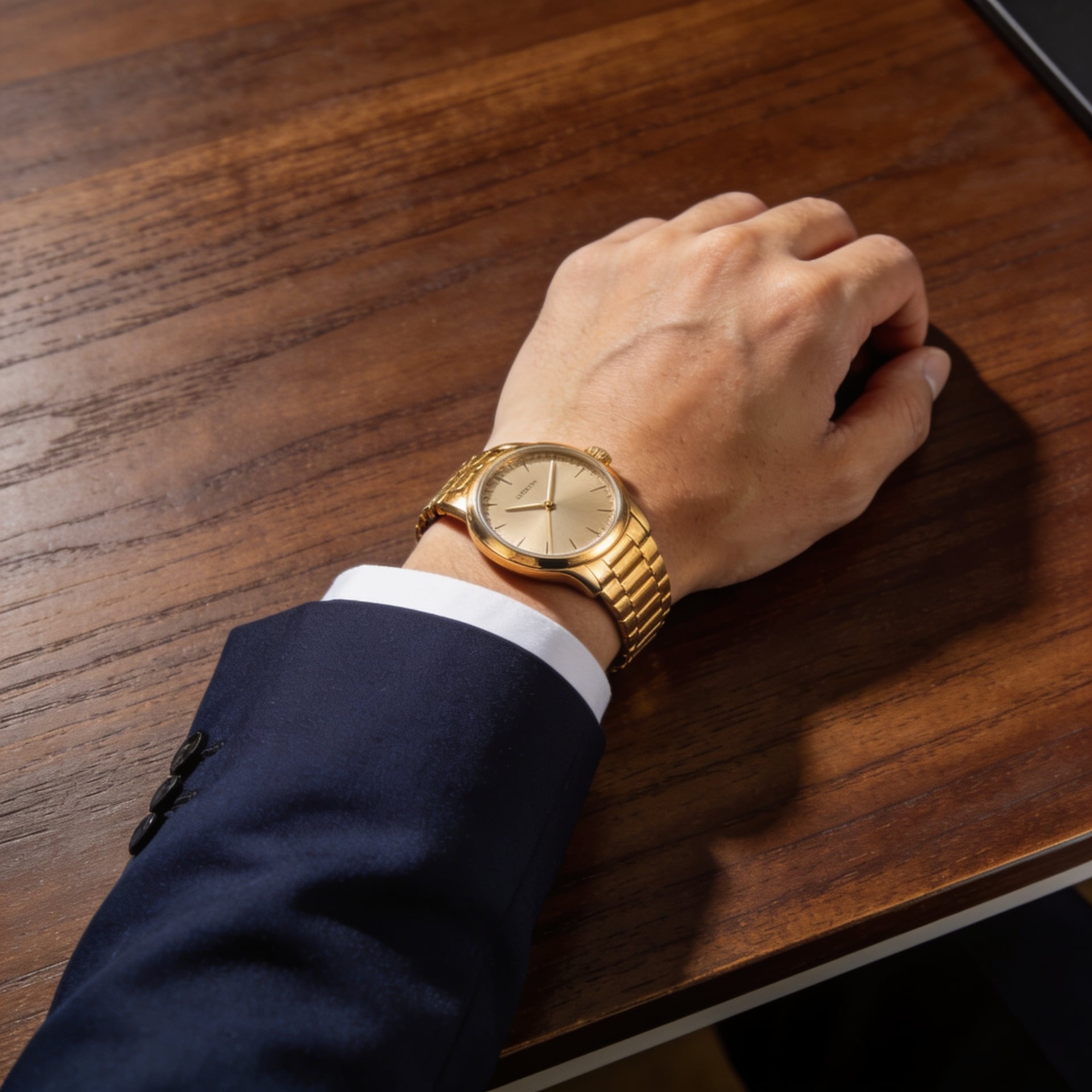 Man's wrist in a navy suit cuff wearing a luxury gold watch, resting on a dark walnut desk, warm light, watch ad