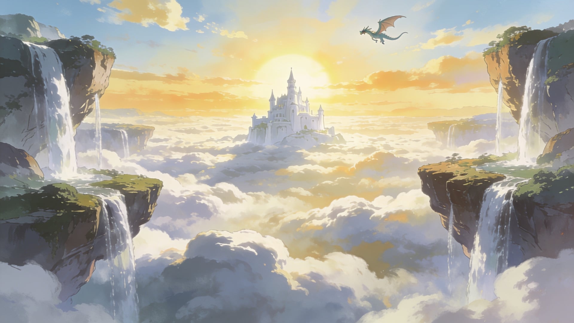Floating islands with waterfalls and a white castle above a sea of clouds, golden sunrise, anime fantasy