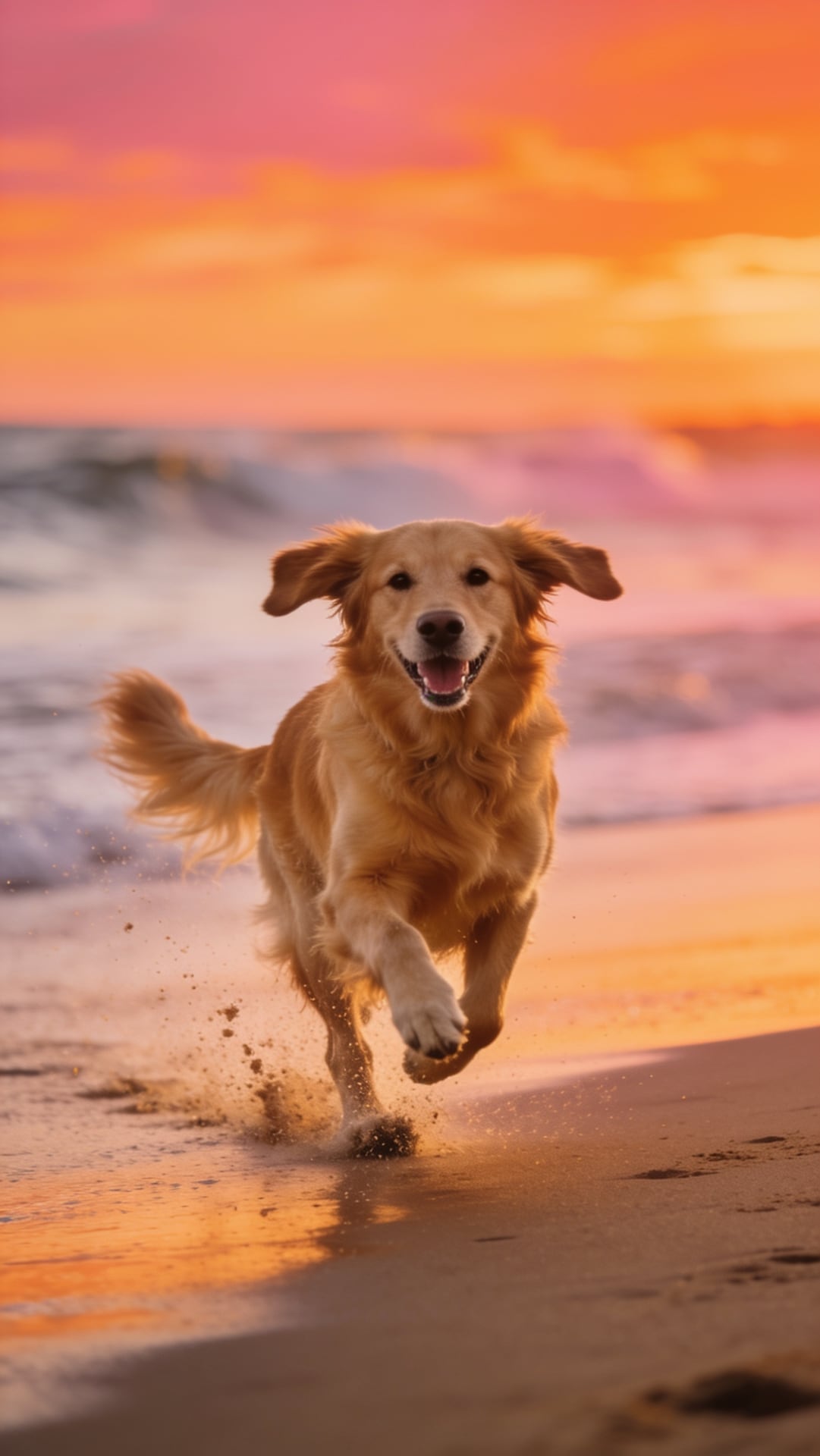 Happy golden retriever running along the beach at sunset, sand flying, ears flapping