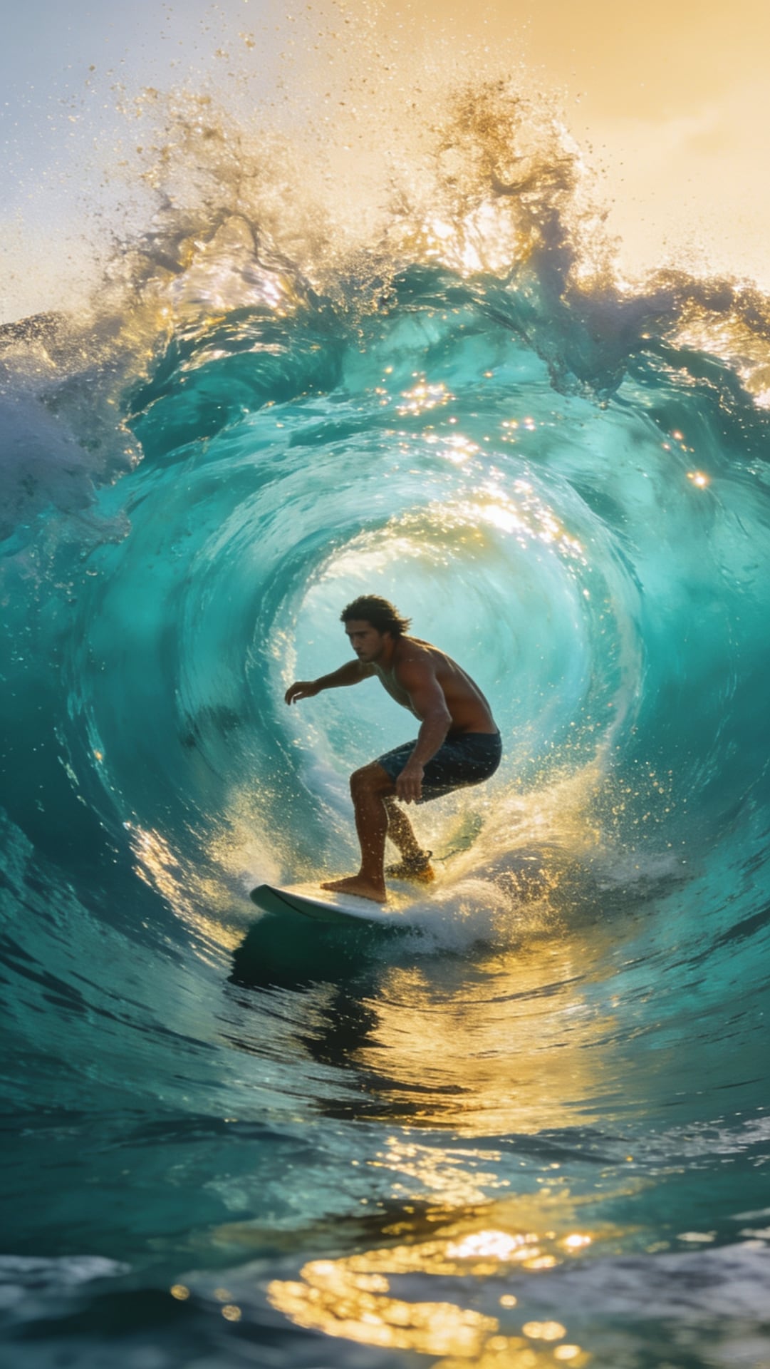 Surfer riding inside a huge turquoise wave, spray in the sunlight, action sports