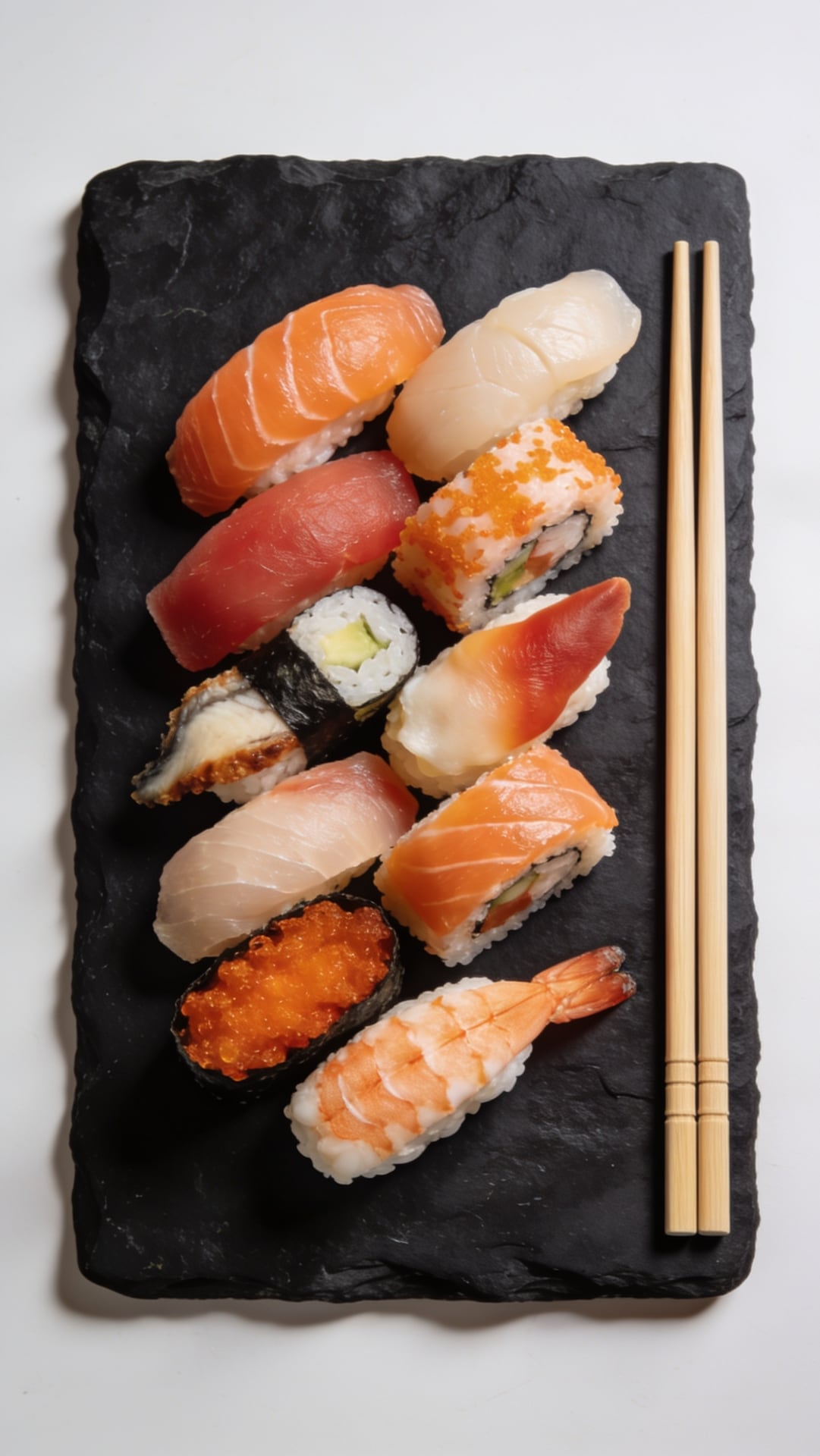 Platter of fresh sushi and sashimi on a black stone plate with chopsticks, soft light, Japanese food ad