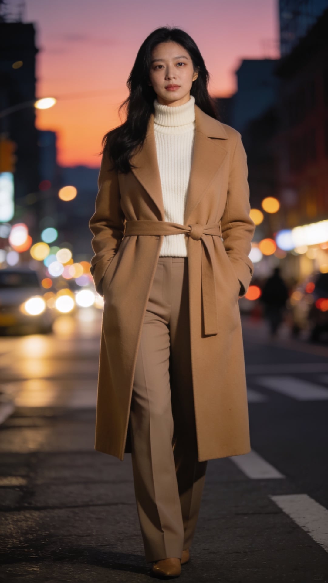 Elegant woman in a belted camel coat and cream turtleneck on a city street at dusk, soft city lights bokeh