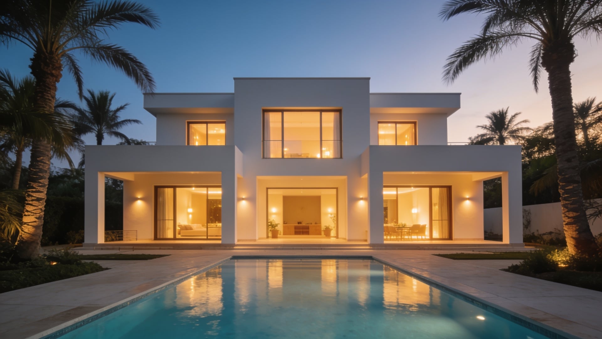 Modern white villa with an infinity pool at dusk, palm trees, warm lights glowing inside
