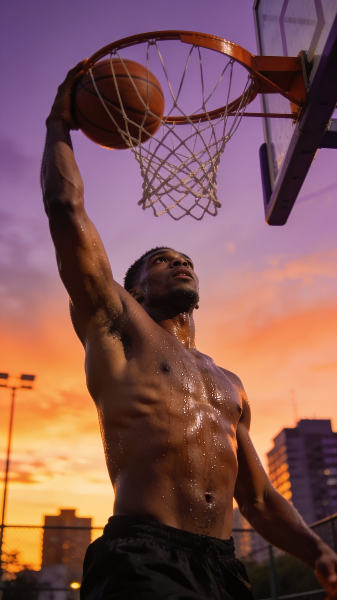 Basketball player dunking on an outdoor city court at sunset, dramatic low angle